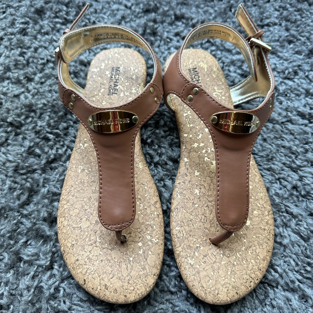 Michael Kors Girls' Brown Cork T-Strap Sandals